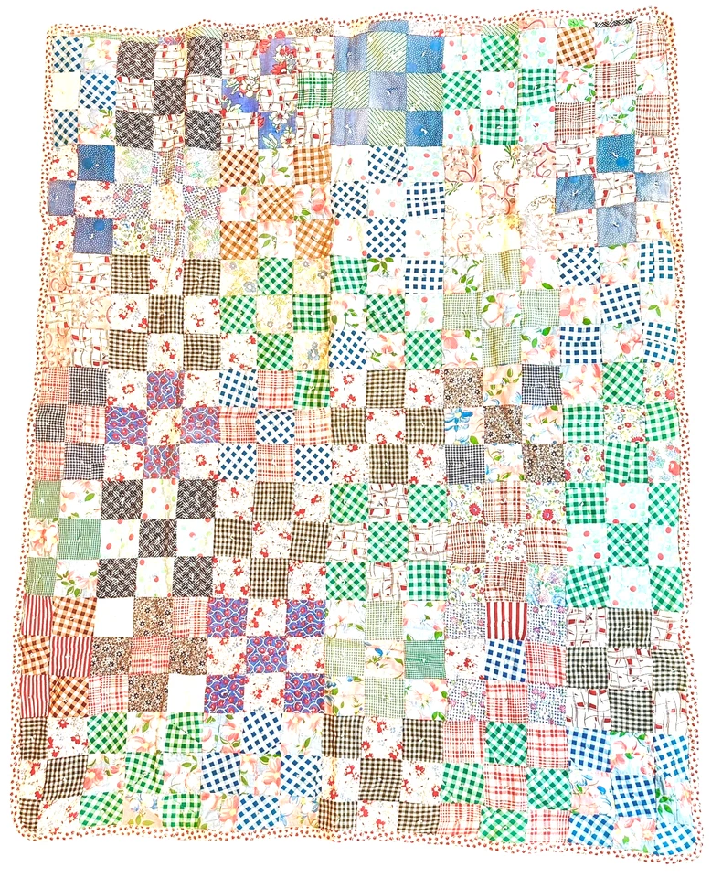 ¡Colcha para bebé hecha a mano de los años 30 con impresiones de saco de alimentación! ¡REGALO en estado limpio y utilizable! Foto 3 de 4