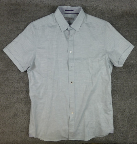 Ted Baker London Shirt Mens 3 Medium Blue Grey Linen Blend Short Sleeve Costal