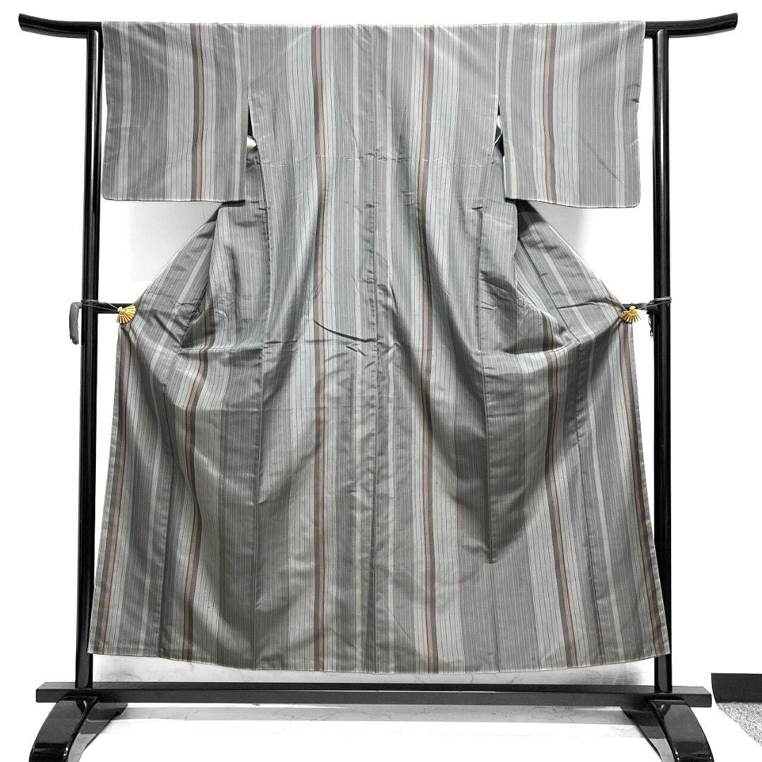 Gray Kimono Small Pattern Pongee Vertical Stripes… - image 2