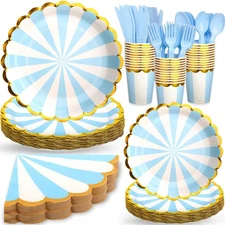 Gold Foil Edge Scalloped Striped Blue White Party Plates Tableware 182 PCS