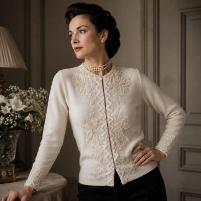 Vintage 1950s Imperial Fashion Hand Beaded Angora Cardigan 38 US Medium