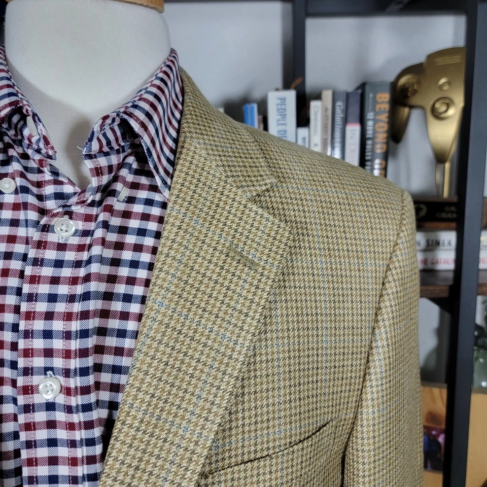 Abrigo Blazer Deportivo Andrew Fezza Para Hombre Dos Botones Beige Pata de Gallo Seda Talla 42R Foto 3 de 4