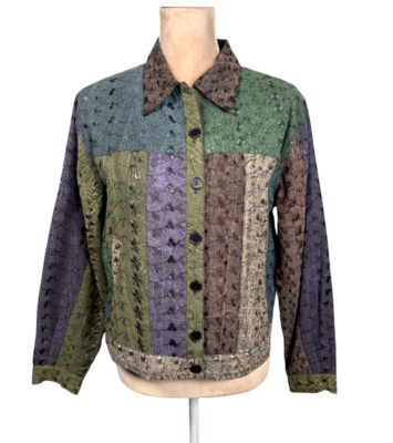 Vtg Sacred Threads Womens Jacket Sz S/M Cotton Multicolor Patchwork Embroidered