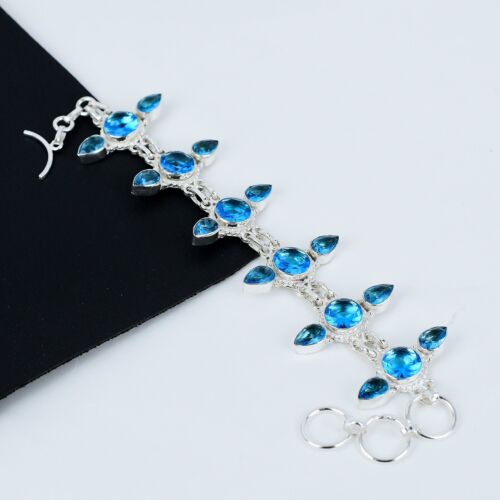 Swiss Blue Topaz Handmade 925 Sterling Silver Jewelry, Silver Chain Bracelet - Picture 1 of 4