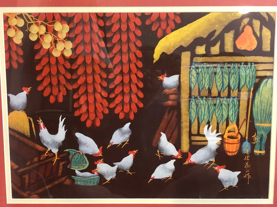 Pintura Acrílica Original Pollos, Firmada por Artista Chino, Enmarcada, 21" x 15" Foto 2 de 4