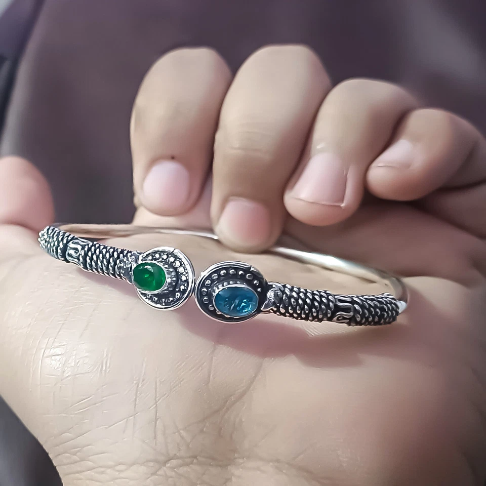 Brazalete brazalete de plata de ley 925 con topacio azul y piedras preciosas de diopsido joyería antigua Foto 4 de 4