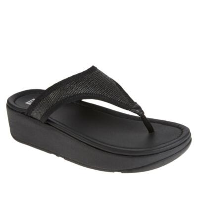 FitFlop Womens Sandals Lulu Sleek Straw Raffia Thong Wedge Black