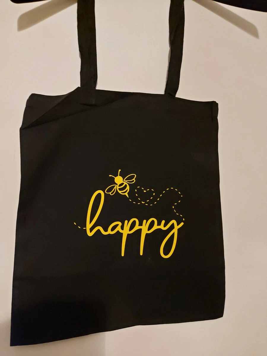 Bee Happy Tote Bag Custom Name Canvas Beach Shopping Book Carrier