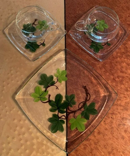 Vtg Clear Glass Hand Painted Tea Set of 4&1Squire Salad Plate Leaves Décor, RARE