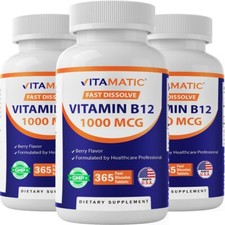  3 Pack Vitamatic Vitamin B12 1000 mcg Fast Dissolve 365 Tablets-Berry Flavor