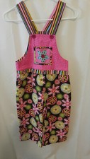 Boutique Girls Overalls Size XL Bright Pink Brown Floral Stripes Applique