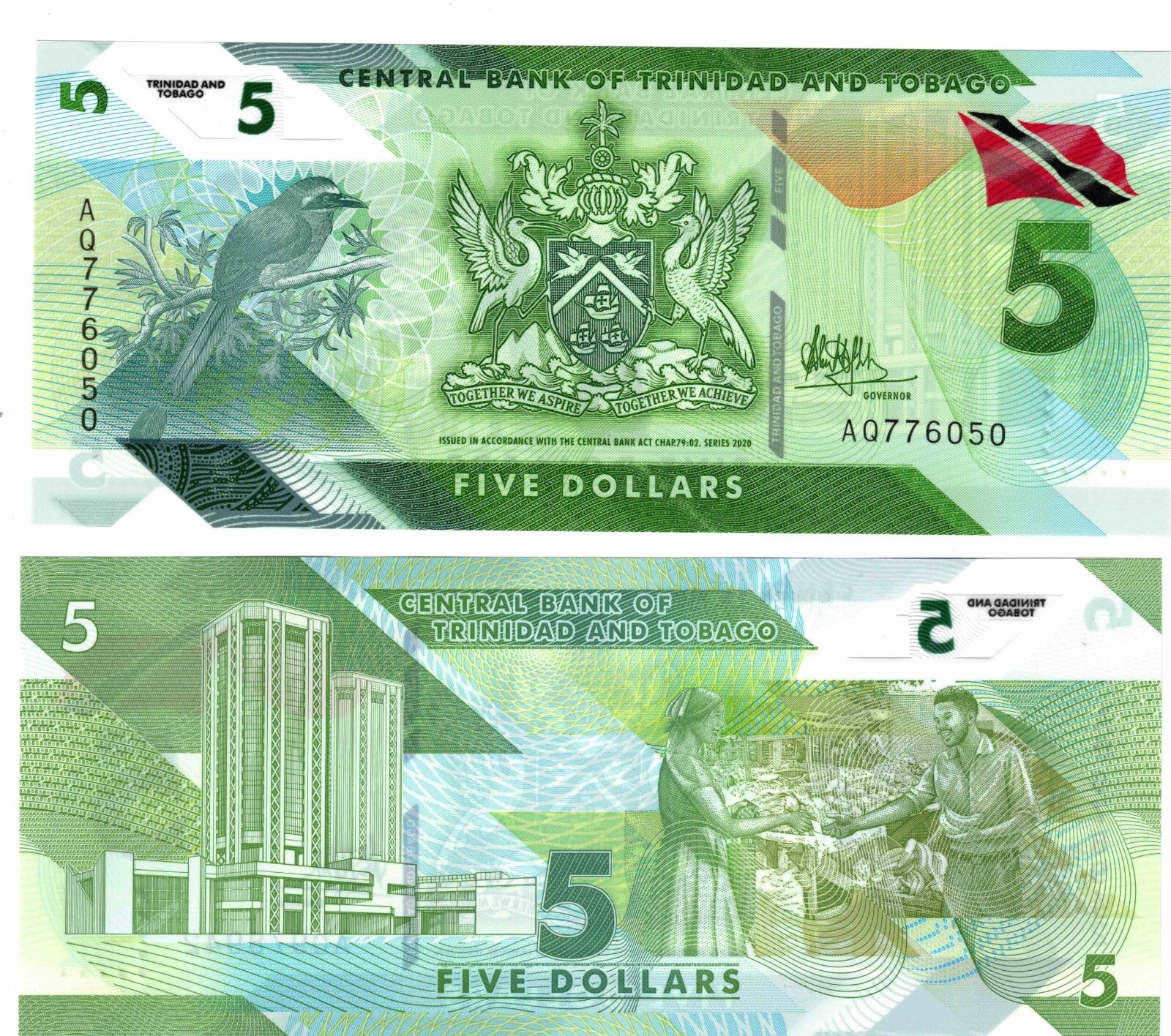 2021 (2020) Trinidad & Tobago 5 Dollar Banknote P61 UNC Polymer