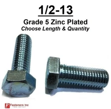 1/2-13 Hex Bolt Zinc Plated Grade 5 Cap Screw Coarse Thread (All Lengths & Qtys)
