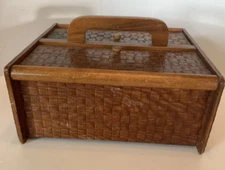 Wood Sewing Box Basket Fold Out Top Thread Notions Seamstress MCM Retro Vtg