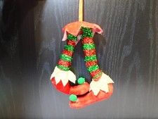 FABRIC DANGLING RED  GREEN ELF SLIPPERS 6" ORNAMENT UNBRANDED  CB3466 