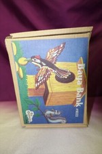 Bird Bank Baya Bank with Box Vintage Antique Tinplate Toy Unused Birdhouse Tin