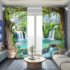 2pcs Forest Scenery Pattern Rod Pocket Curtains Bedroom Living Room Kitchen