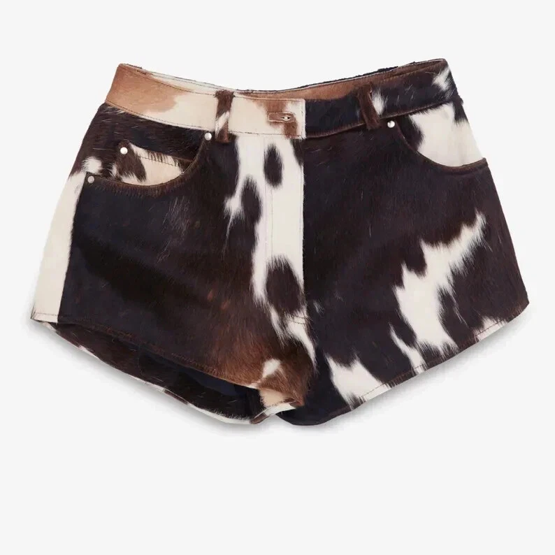 Pantalones Cortos de Cuero Natural Hechos a Mano para Mujer Pantalones Cortos de Cuero de Vaca Genuino Pelo en Pantalones Cortos Foto 3 de 4