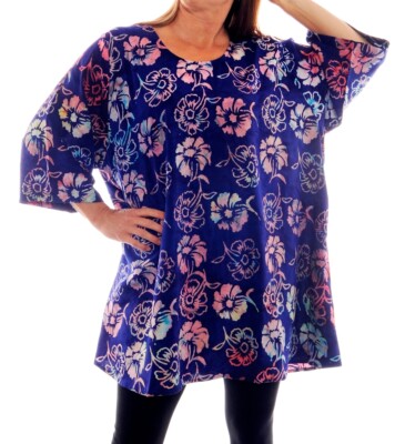 We Be Bop Art to Wear BATIK DAISY Flat Rayon SWING TOP  0X 5X 6X
