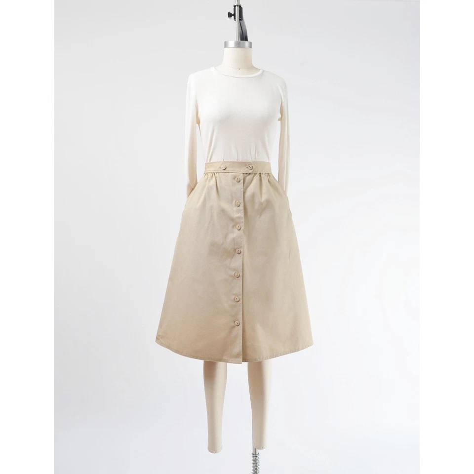 Vintage 80s Khaki A-line Button Down Front Flared Midi Skirt with Pockets M - Image 2 of 4