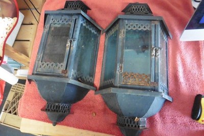 2 vintage Black tin wall Train lamps sconces candle holder (some removable rust)