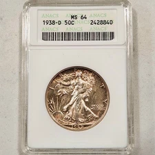 1938-D Walking Liberty Half Dollar ~ ANACS MS64 Soapbox ~ Semi-Key Date