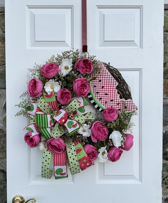 Handmade Summer Floral Watermelon Door Wreath  24'' x 22''