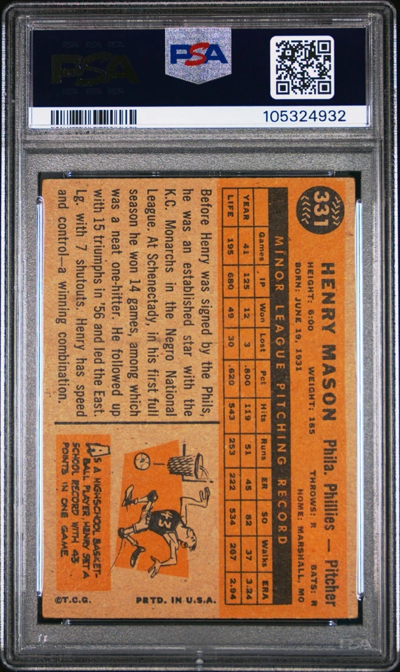 1960 TOPPS #331 HENRY MASON PSA VG 3 - Image 2 of 2