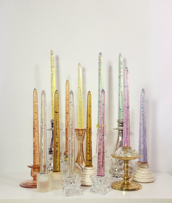 Sheer  ''Lucite'' Candles Iridescent Flakes 10 inch 6 inch Pair Handmade ASSORTED