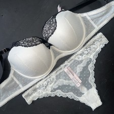 Victoria's Secret 32DDD BRA SET M thong Panty Black coconut WHITE lace Polka Dot
