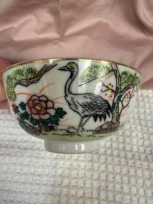 Vintage Chinese Porcelain Rice Bowls Set of 3 | Crane Dragon Auspicious Gold Rim