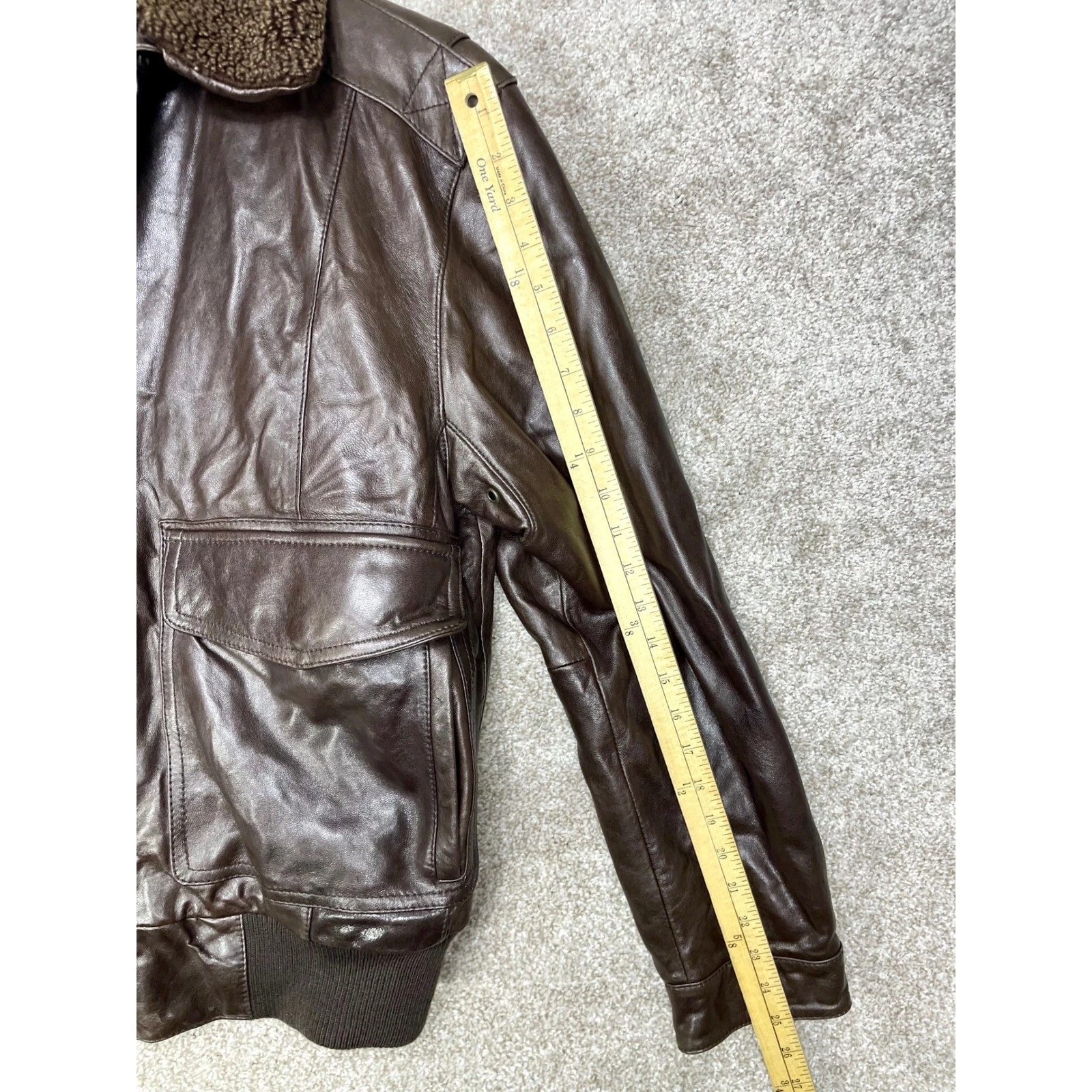 Roundtree & Yorke Lambskin Leather Bomber Jacket Mens S Brown Aviator Fur Moto - product detail image 9