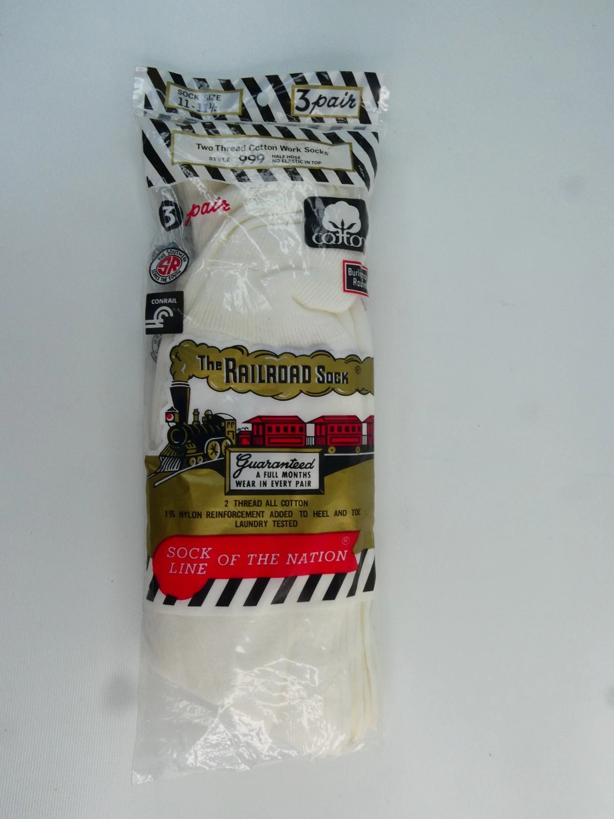 The Railroad Sock Mens White Cotton Work Socks3 Pair Style 999 Size 11-111/2 USA