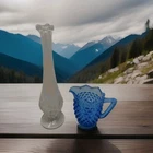 VTG.Fenton Clear White Opalescent Swung Bud Vase&Blue Hobnail Mini Pitcher 189S