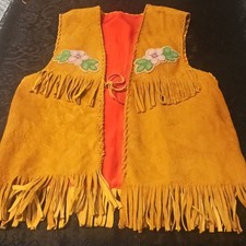 Handmade Native American Style Beaded Suede Vest Floral Geometric Fringed