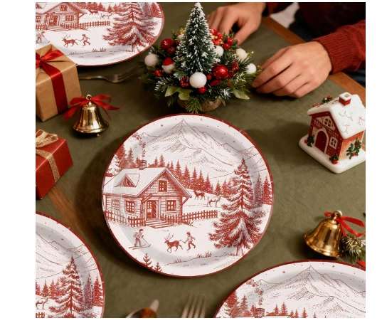 50 Piezas Platos de Papel de Navidad 10", Rojo Toile Vintage Winter Village Resistente Foto 3 de 4