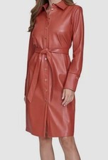 Halston Women's Brown Faux-Leather Tie-Waist Shirtdress Size 6