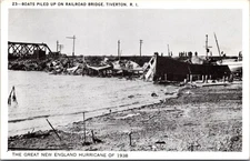 Boats Piled on Railroad Bridge Tiverton RI Hurricane 1938 - Photo Postcard