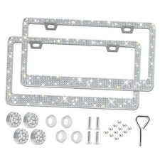 2 Pack Bling License Plate Frame for Women,Sparkly Rhinestone Stainless White