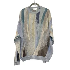 Vintage St Croix Shop Sweater L Grandpa Crew Knit Cosby Biggie Stripe Swirl Blue