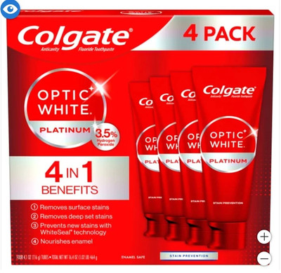 [4 VALUE PACK] Colgate Optic White Platinum Teeth Whitening Toothpaste, 4.1 oz