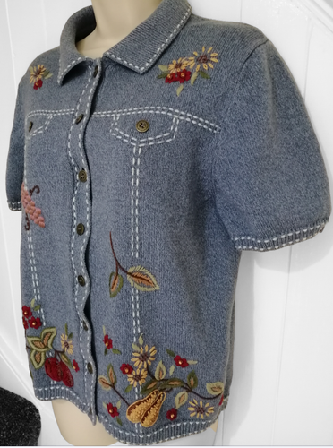 Alfred Dunner Collared Cardigan Floral Fruit Embroidered Blue Small Cotton Blend - Picture 3 of 8