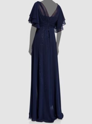 teri jon blue dress Teri Jon Elbow Sleeve 3D Flower Embroidered Fit And Flare Dress