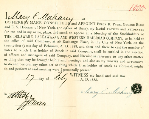 1888 Delaware, Lackawanna & Western Railroad document signed by Mary E. Mahaney - Picture 2 of 5