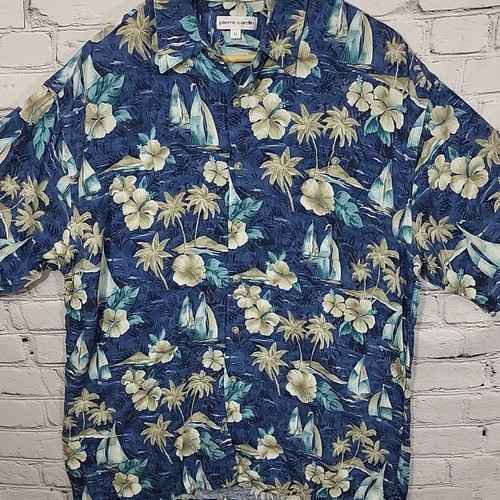 Pierre Cardin Hawaiian Shirt Mens L Large Rayon Blue Sailboats Flowers Palm Tree - Picture 2 of 8