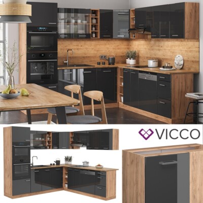 Vicco Cuisine en Angle R-Line, Chêne doré/Anthracite, 277x60cm J-Shape, PT Chêne, adapté à Une Composition et Une Extension Flexibles