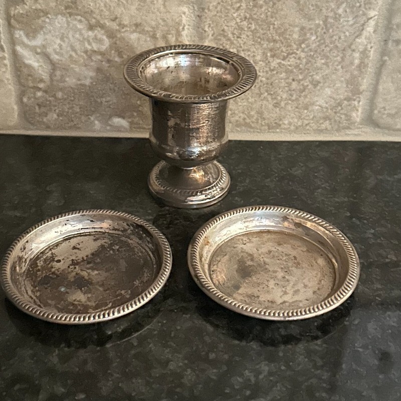 Vtg Sterling Silver Toothpick Holder Bud Vase Mini Urn Cup & 2 dish saucers 3"