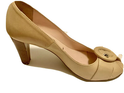 MELIN Leder High Heels Peeptoes Damen Schuhe Blockabsatz Beige Pumps EU38 UK5