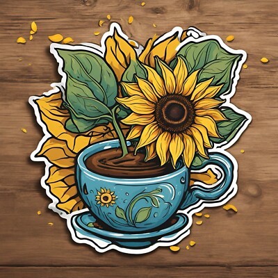 3x2.2  Sunflower Growing In A Tea Cup Craft AMAZING STICKER!