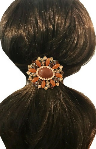 New Amber & Topaz Crystal Brooch Ponytail Black Elastic Band - Picture 2 of 3